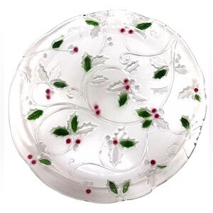 Mikasa-Merry Holly Platter Holiday Etched Glass with Green/Red Accents 15” EUC